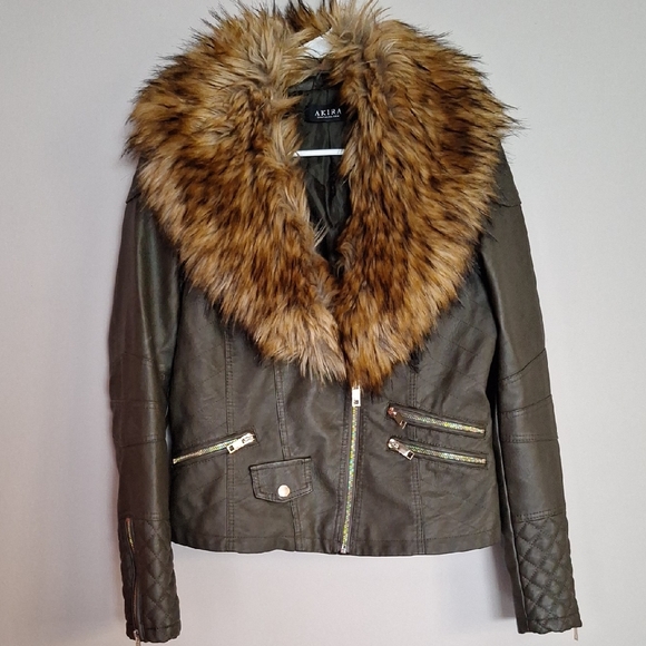 AKIRA Olive Faux Leather Jacket with Faux Fur Collar - Picture 1 of 7